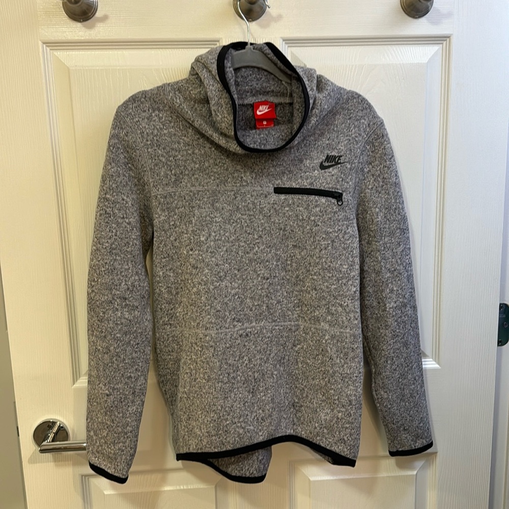Nike fleece pull over with hood charcoal gray with black piping ladies size S